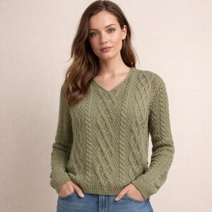 Vintage Paul James Sage Green 100% Wool V-Neck Cable Knit Sweater Size Small